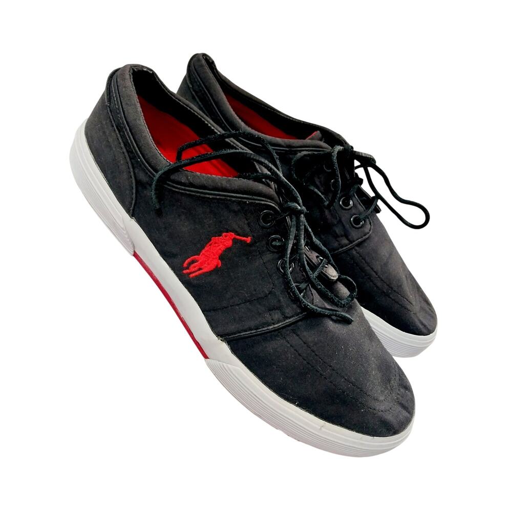 POLO BY RALPH LAUREN! BLACK CANVAS, TED LOGO LEATHER LACED TENNIS SHOES! SZ 9D